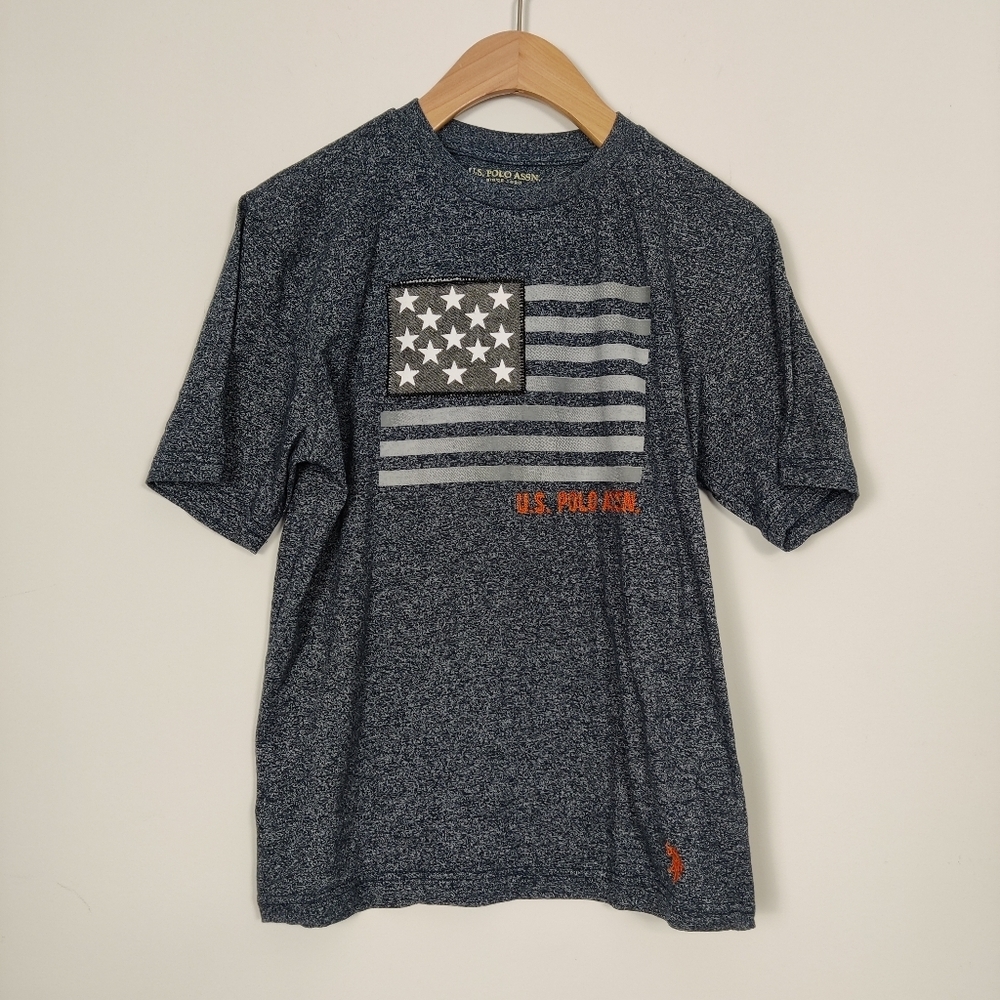 US Polo Assn Boy's T-shirt in Heathered Blue American Flag Size Youth XL Cotton